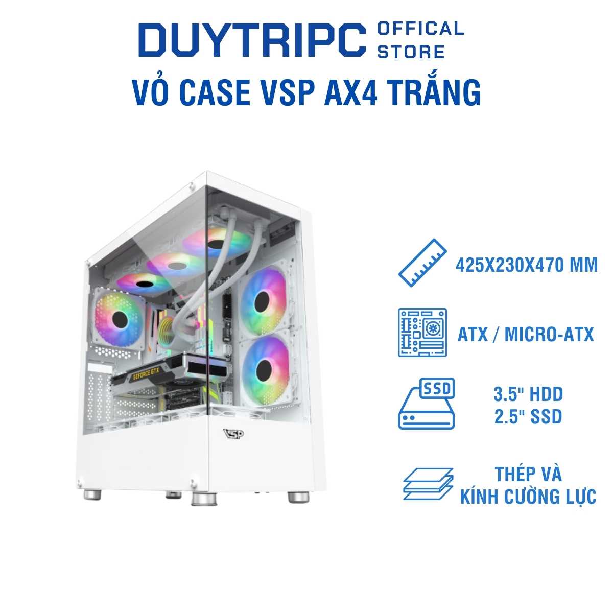 Vỏ Case VSP AX4 Trắng – Thiết Kế Gaming Hiện Đại, Kính Cường Lực, Tối Ưu Tản Nhiệt, Giá Tốt